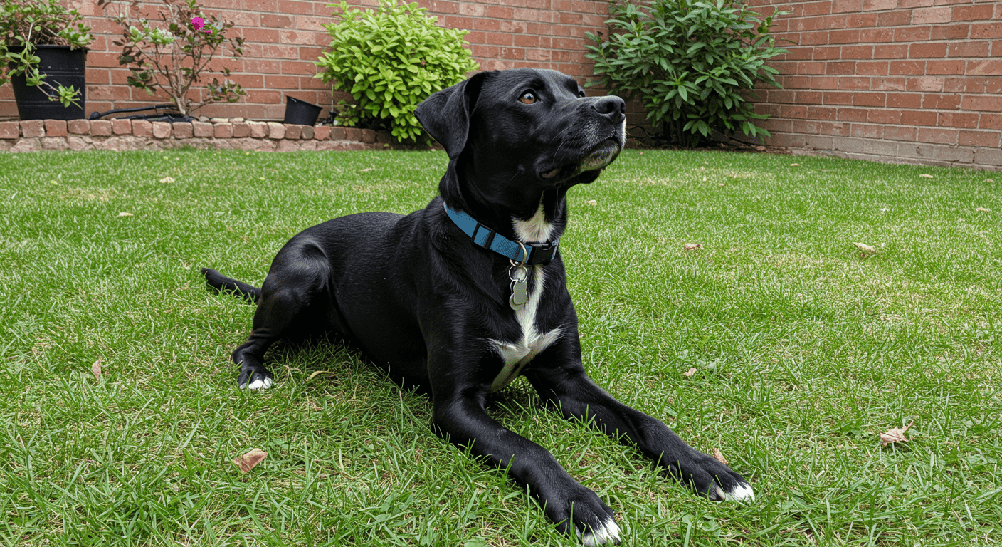 "Perro negro descansando en césped verde. Collar azul y pared de ladrillos al fondo. Foto de mascota feliz en jardín. Ideal para amantes de animales, fotos de perros y mascotas en el hogar."
