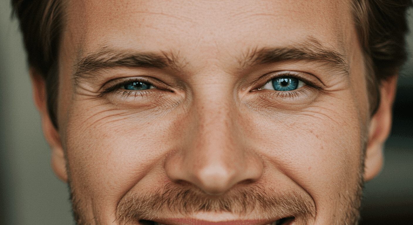 Primer plano rostro sonriente con ojos azules: Retrato detallado de expresión facial masculina. Belleza, alegría y mirada.