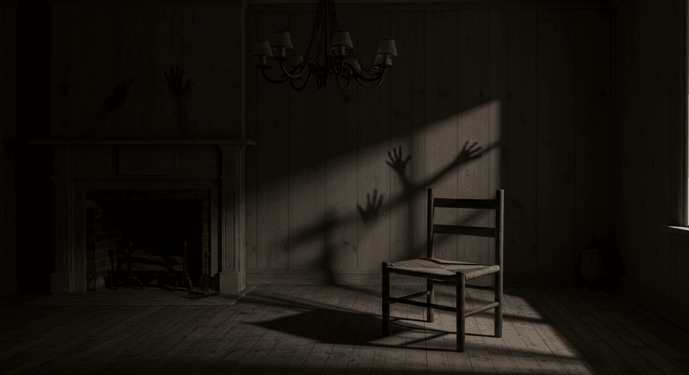 Interior oscuro con una silla antigua y sombras inquietantes de manos y figuras en la pared.