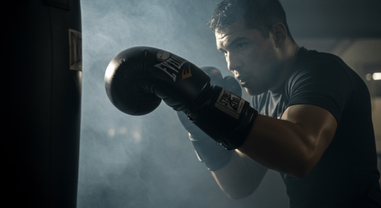 Boxeador entrenando con guantes Everlast en un ambiente oscuro y con humo. Imagen de deporte, fuerza y disciplina.