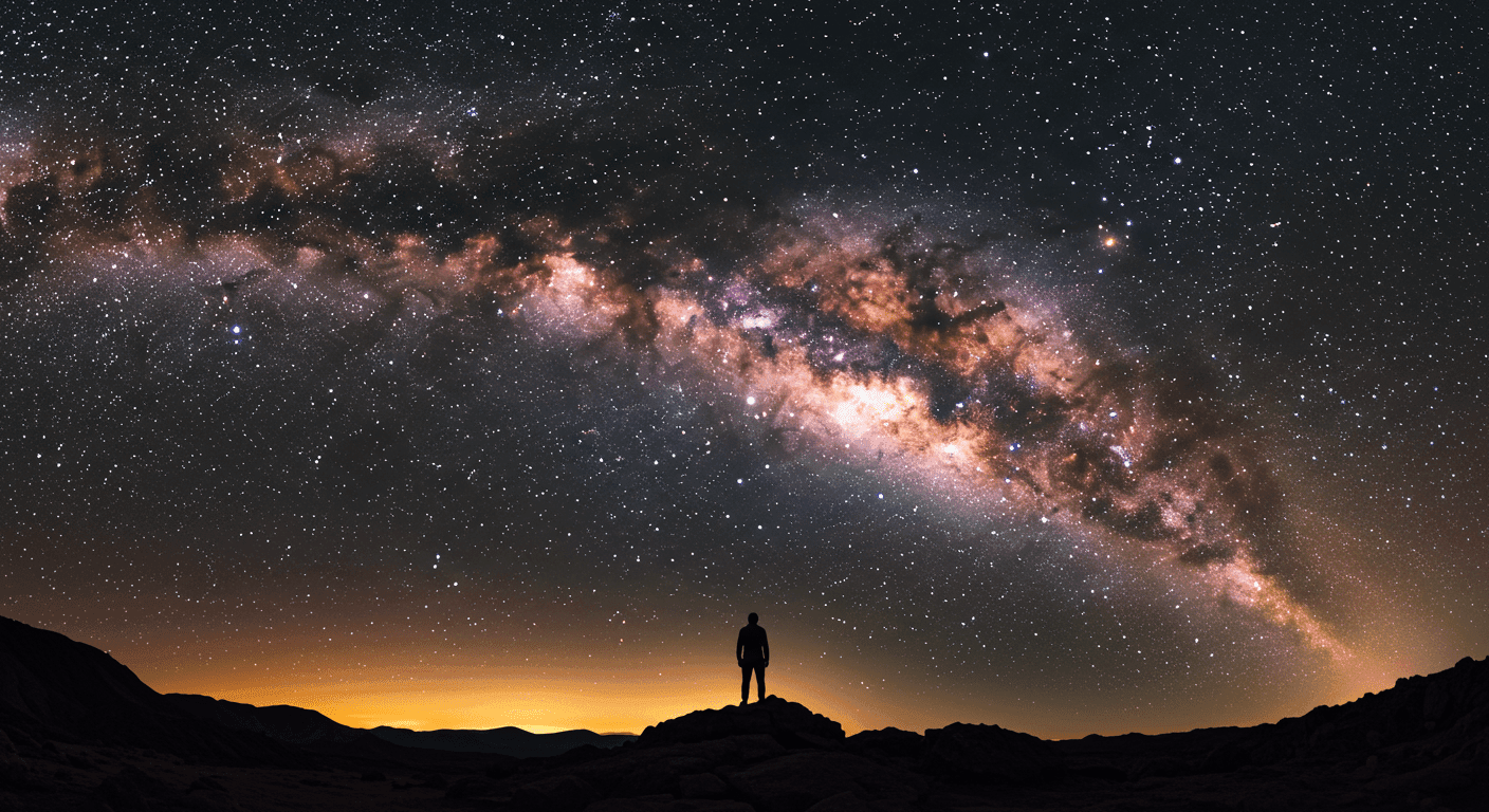 Silueta de una persona de pie sobre rocas, contemplando un espectacular cielo nocturno repleto de estrellas y la Vía Láctea. La galaxia brilla intensamente con colores vibrantes que van del naranja al rosa y azul verdoso, destacando la inmensidad del universo.
