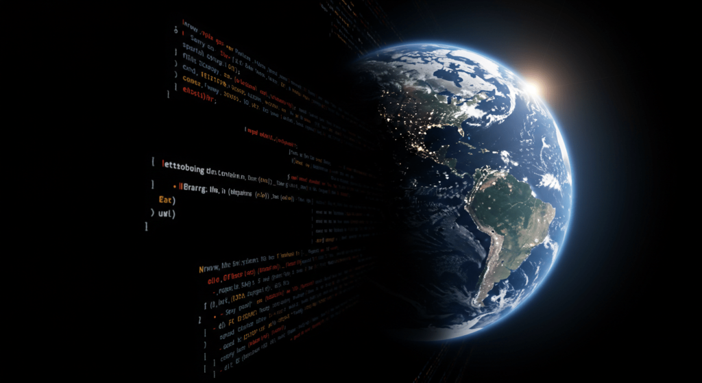 Linux: un sistema operativo potente y gratuito 5 Imagen de la Tierra con código de programación. Desarrollo de software global, internet y tecnología. Código fuente sobre el planeta Tierra, programación mundial. Innovación y programación en el mundo actual