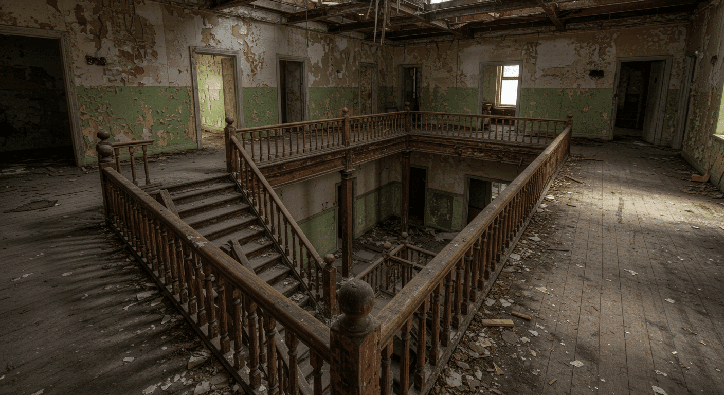 Interior de edificio abandonado con estructura de madera. Imagen de construcción antigua en ruinas con paredes deterioradas y ambiente desolado.