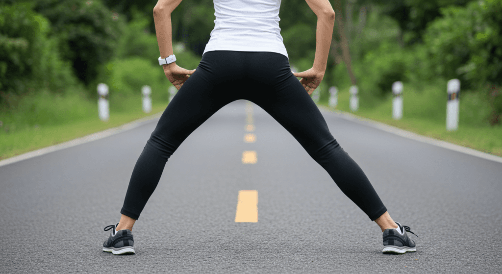 ¿Por Qué es Importante Estirarse? Beneficios para tu Cuerpo y Mente 2 Mujer estirando la pierna en una carretera rodeada de naturaleza. Preparación física, running y vida activa.