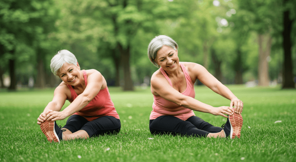 ¿Por Qué es Importante Estirarse? Beneficios para tu Cuerpo y Mente 6 Mujeres mayores haciendo ejercicios de estiramiento en el parque. Vida activa y saludable en la tercera edad.