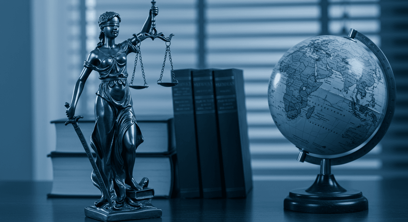 Estatua de la Justicia, libros de derecho y globo terráqueo en tonos azules. Abogacía, justicia, leyes, jurisprudencia, derecho internacional.