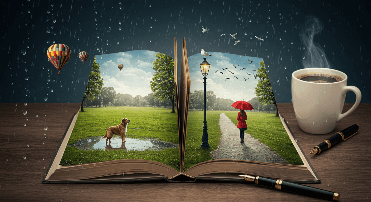 Imagen de un libro abierto con paisajes que cobran vida. Se ven un perro, una niña con paraguas rojo y un globo aerostático. Ideal para contenido sobre lectura, fantasía, imaginación o cuentos infantiles.