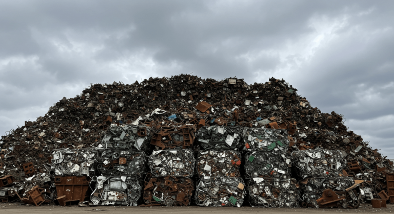Montaña de chatarra metálica bajo cielo nublado. Imagen de residuos industriales y contaminación. Fotografía accesible para personas con discapacidad visual. Chatarra Metal Contaminación Residuos.