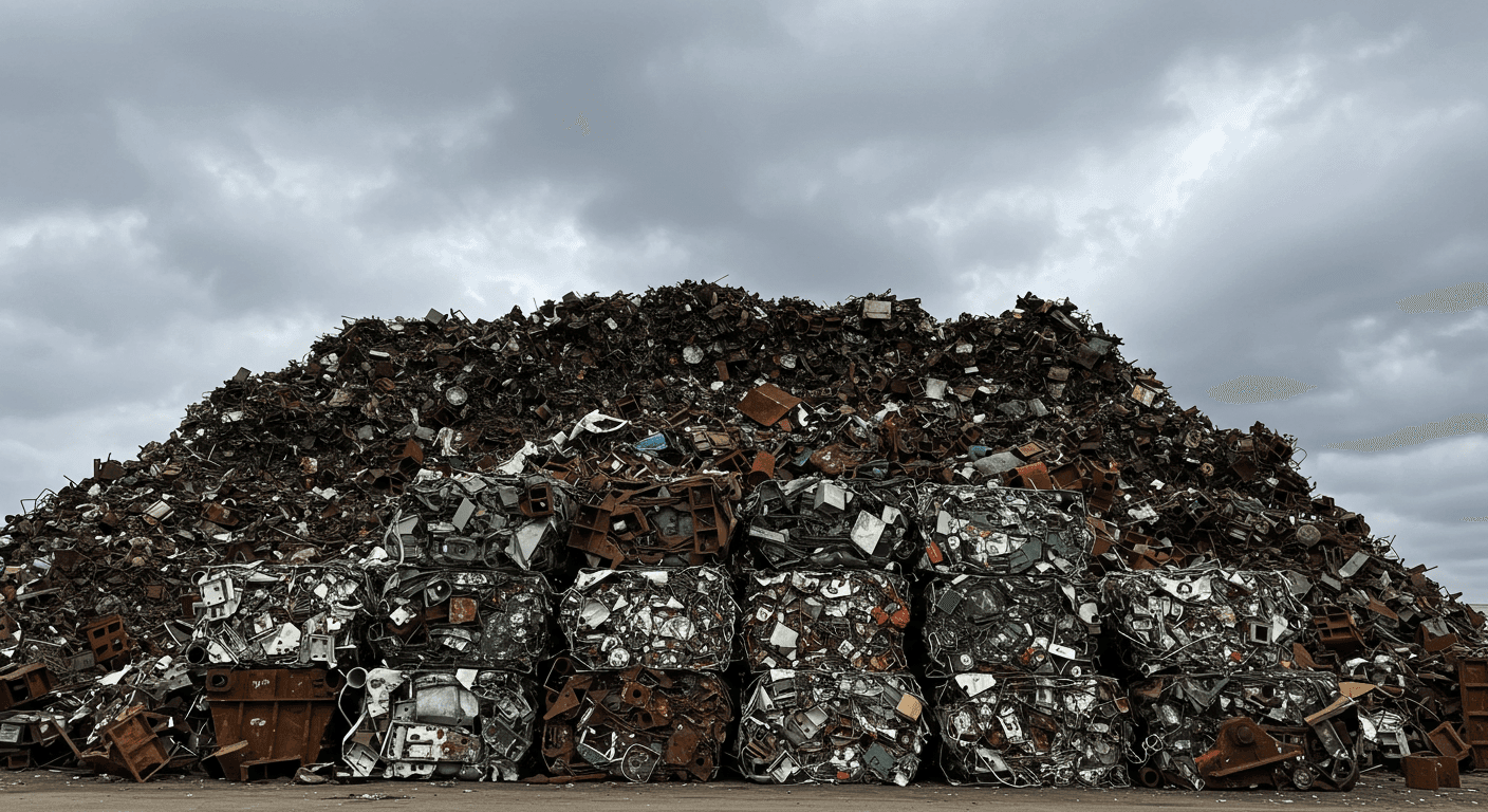 Montaña de chatarra metálica bajo cielo nublado. Imagen de residuos industriales y contaminación. Fotografía accesible para personas con discapacidad visual. Chatarra Metal Contaminación Residuos.