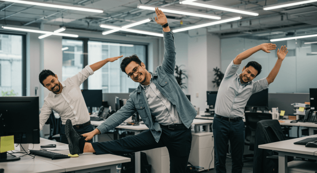¿Por Qué es Importante Estirarse? Beneficios para tu Cuerpo y Mente 5 Empleados de oficina haciendo ejercicios de estiramiento en sus escritorios. Imagen que representa el bienestar y la salud en el lugar de trabajo.
