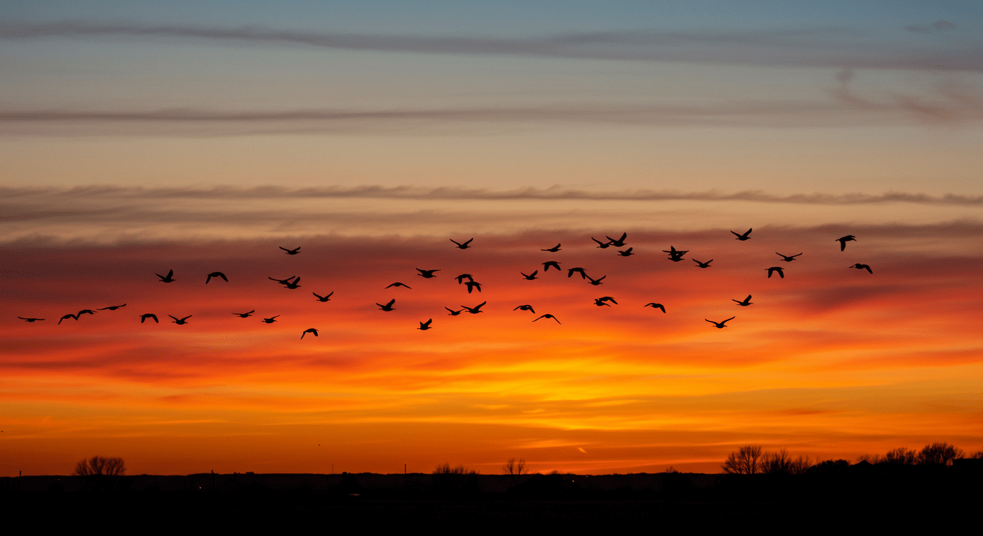 Bandada de pájaros volando contra un atardecer colorido. Imagen de naturaleza y migración de aves. Fotografía accesible para personas con discapacidad visual. Pájaros Atardecer Cielo Naturaleza.