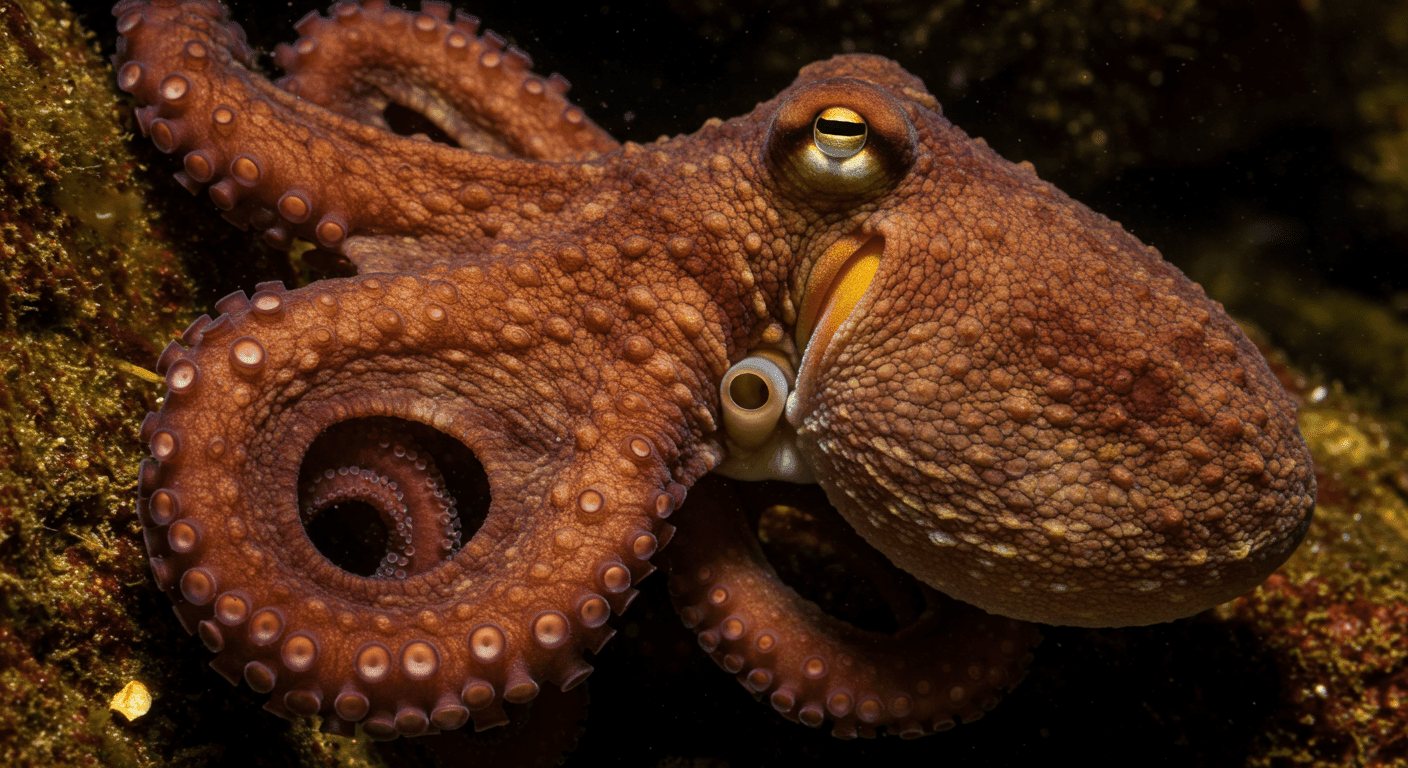 Pulpo marrón con tentáculos agarrándose a roca. Imagen de criatura marina y vida oceánica. Fotografía accesible para personas con discapacidad visual. Pulpo Océano Vida Marina Naturaleza.