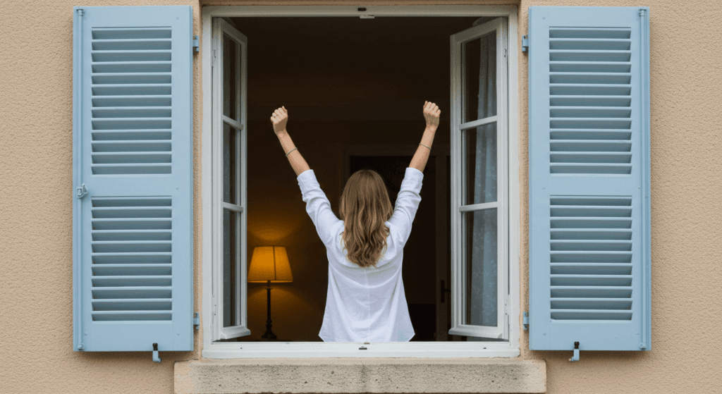 ¿Por Qué es Importante Estirarse? Beneficios para tu Cuerpo y Mente 3 Mujer estirándose frente a una ventana abierta con persianas azules. Imagen sobre bienestar, un nuevo día y vida saludable.