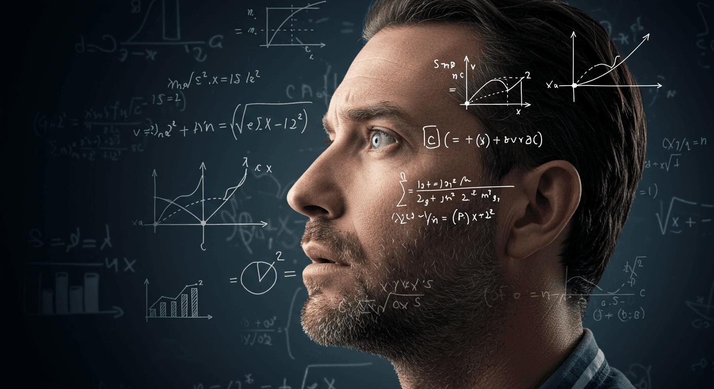 Hombre pensando con fórmulas matemáticas a su alrededor. Concepto de intelecto, ciencia, matemáticas. Persona inteligente, cerebro en funcionamiento, resolución de problemas.