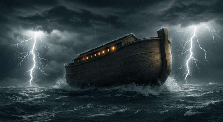 El Arca de Noé de madera navegando en un mar muy agitado durante el diluvio universal. Una intensa tormenta con lluvia torrencial y dramáticos rayos ilumina las olas y el cielo oscuro.