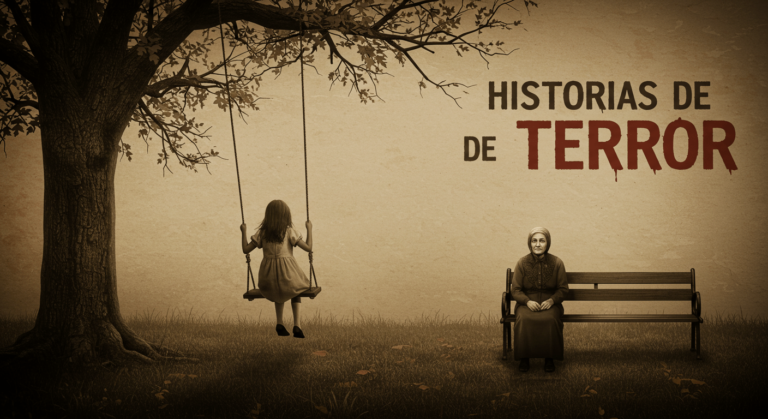 "Imagen antigua con temática de terror: una niña en un columpio y una mujer sentada en un banco. Ilustración sobre misterio, lo sobrenatural y cuentos de miedo."