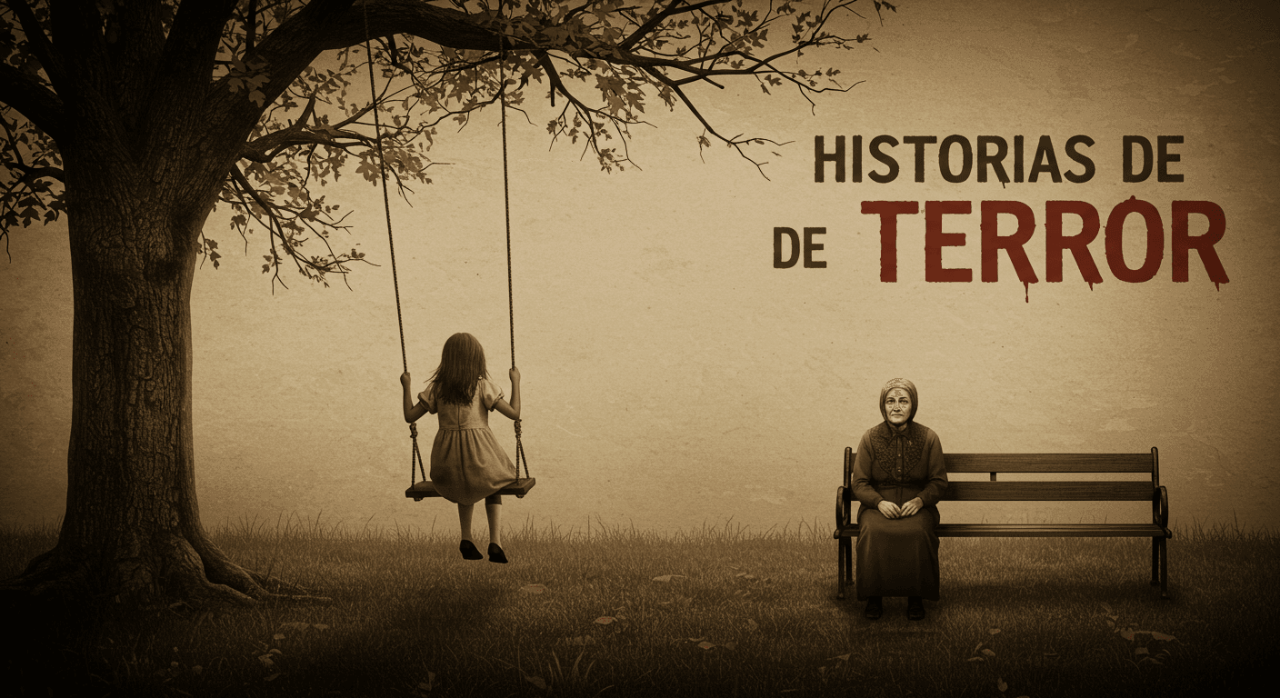 "Imagen antigua con temática de terror: una niña en un columpio y una mujer sentada en un banco. Ilustración sobre misterio, lo sobrenatural y cuentos de miedo."