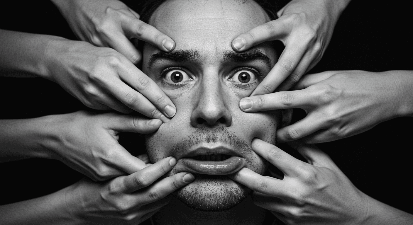 "Primer plano en blanco y negro del rostro de un hombre siendo manipulado por múltiples manos. Imagen que expresa opresión, agobio y falta de control. La mirada desesperada del sujeto potencia la sensación de angustia y la vulnerabilidad ante fuerzas externas."