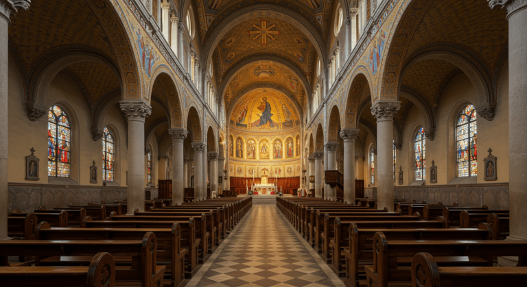Interior de una iglesia con hileras de bancos de madera y un mosaico de Jesucristo en el altar. Iglesia, arquitectura religiosa, cristianismo, mosaico, espiritualidad.