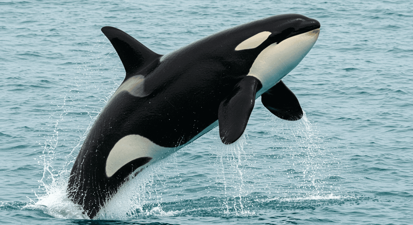 Imagen de una orca saltando fuera del agua, mostrando su característico color negro y blanco. La foto transmite energía y la belleza de la vida marina.