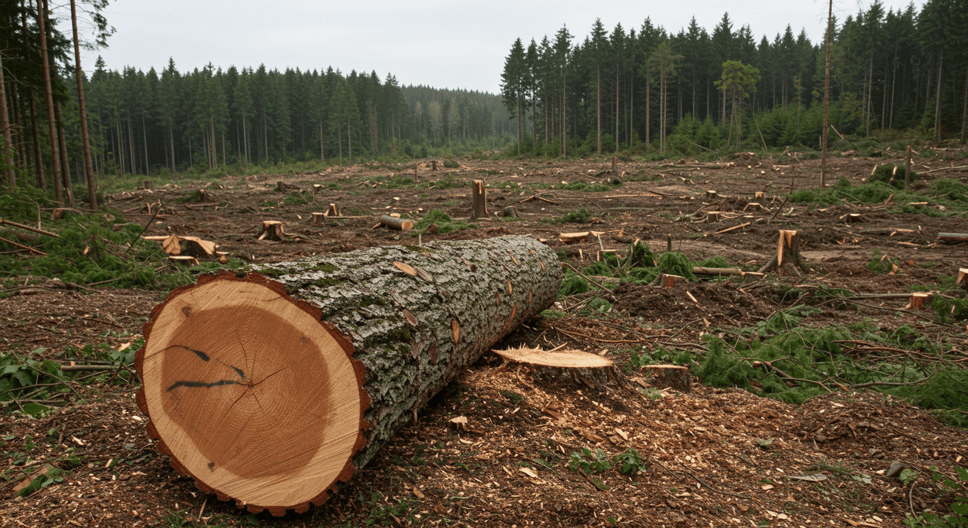 Paisaje deforestado con tronco de árbol cortado. Imagen de tala de bosques y destrucción ambiental. Fotografía accesible para personas con discapacidad visual. Deforestación Árboles Medio Ambiente Destrucción.