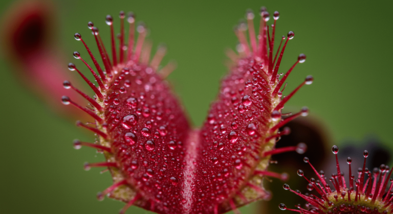 Primer plano de una planta carnívora, posiblemente una drosera, con hojas rojas cubiertas de brillantes gotas. Ideal para contenido educativo sobre botánica, plantas carnívoras y macrofotografía.