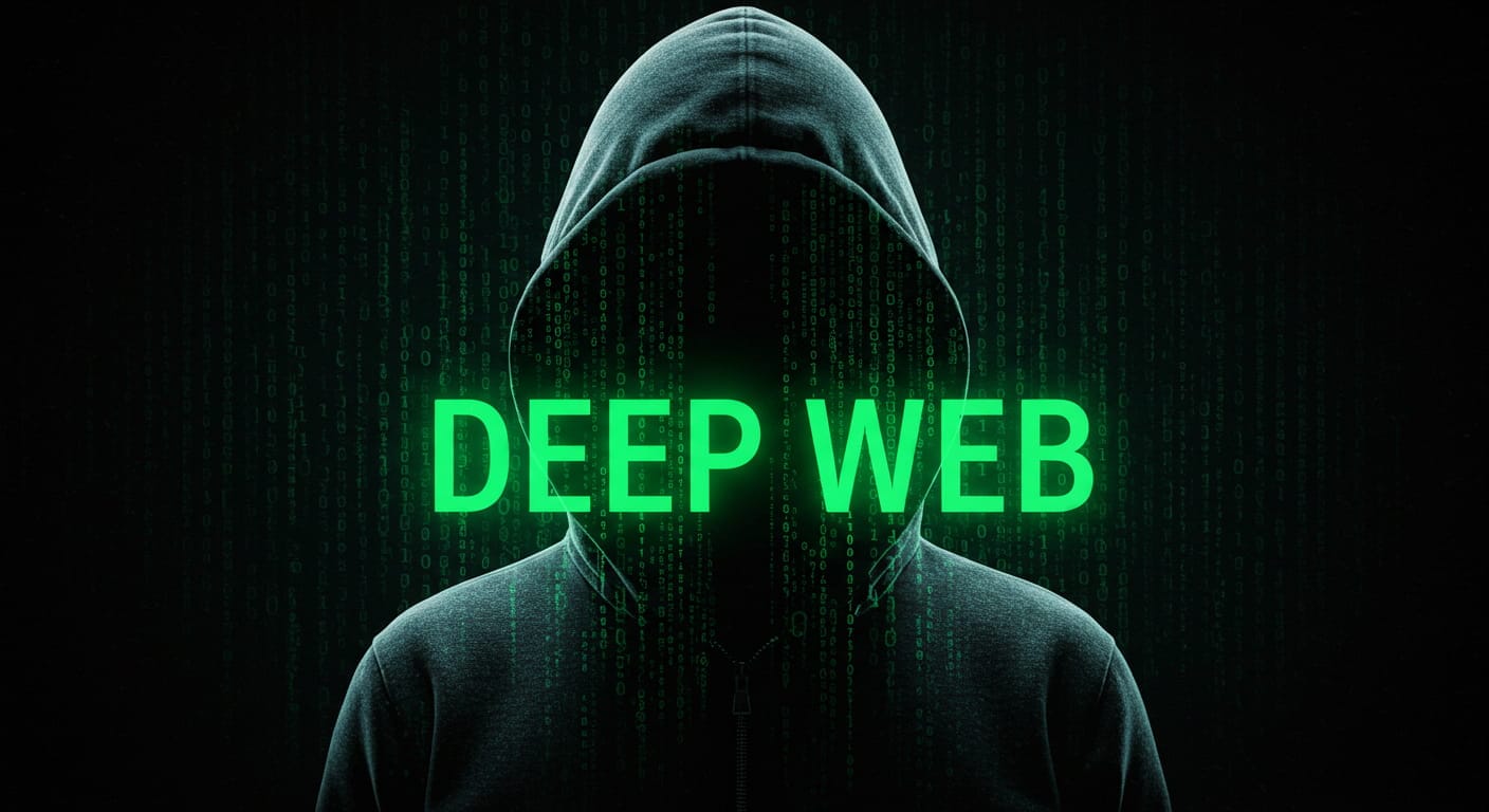 Imagen conceptual de la Deep Web. Representación gráfica con figura encapuchada y código binario en verde sobre fondo negro. Ideal para artículos sobre ciberseguridad, anonimato en internet y tecnología. Explora el lado oculto de la web con esta ilustración impactante. #DeepWeb #Ciberseguridad #Anonimato #InternetOscura