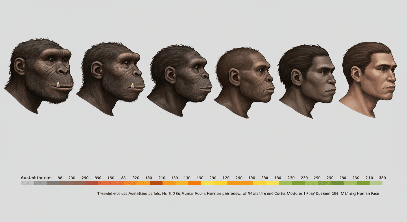 Representación de la evolución humana con rostros progresivos. Imagen que ilustra la evolución del ser humano desde un ancestro simiesco hasta el Homo sapiens moderno, con diferentes rostros mostrando los cambios graduales. Diagrama científico de antropología. Accesibilidad web y SEO.
