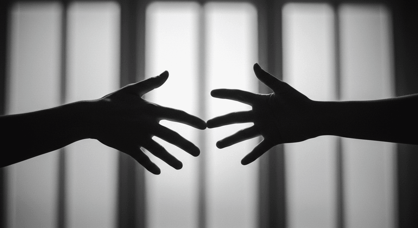 "Fotografía en blanco y negro de dos manos extendiéndose una hacia la otra frente a una ventana. Imagen que evoca conexión, alcance y la búsqueda del contacto humano. Representación visual de la distancia y el deseo de unión."