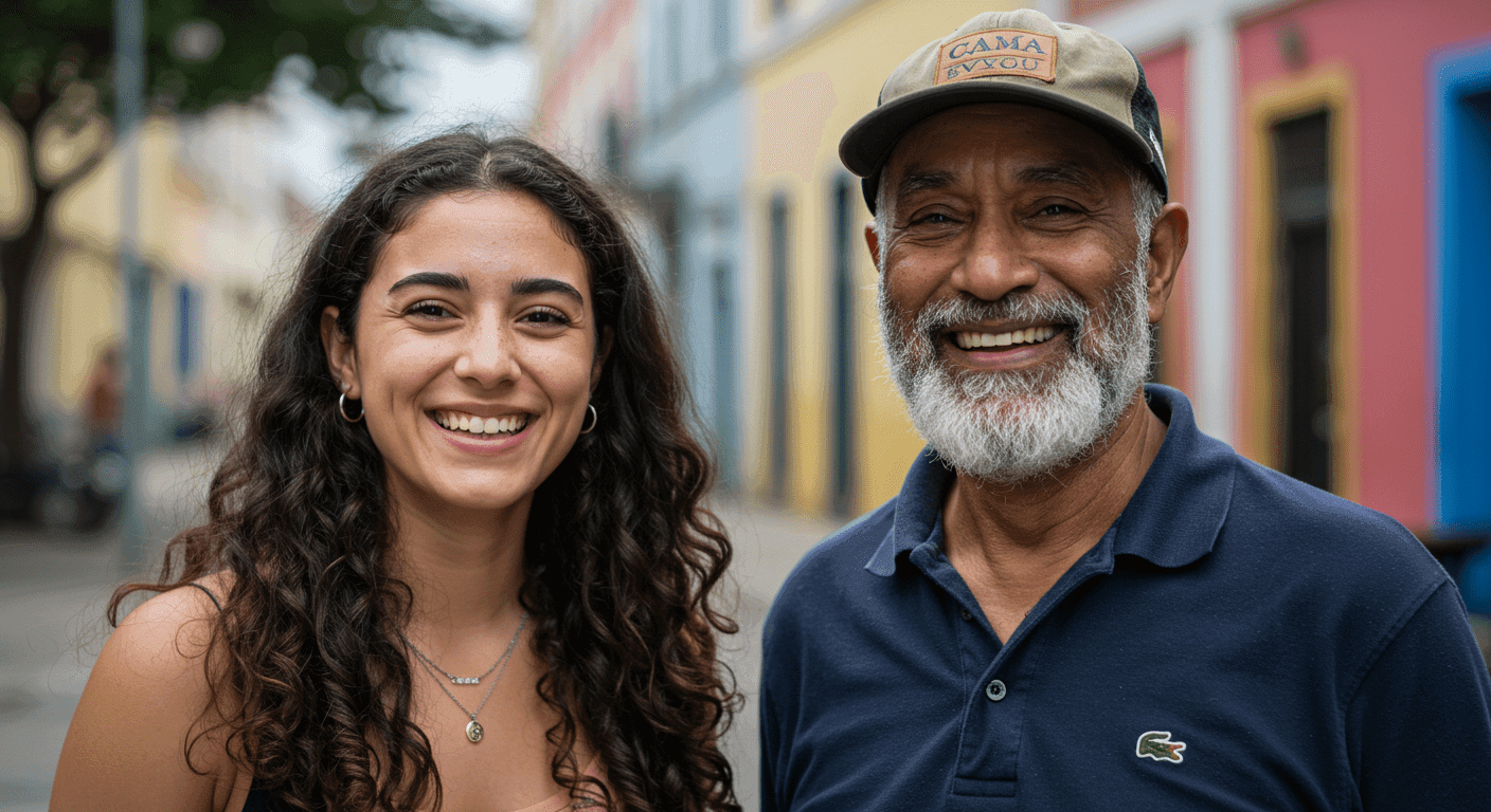 Retrato de mujer joven y hombre mayor sonriendo en calle colorida. Imagen de una joven y un hombre con barba sonriendo frente a edificios pintados de colores vivos, ambiente alegre y diverso. Fotografía de personas en un entorno urbano vibrante. Accesibilidad web y SEO.