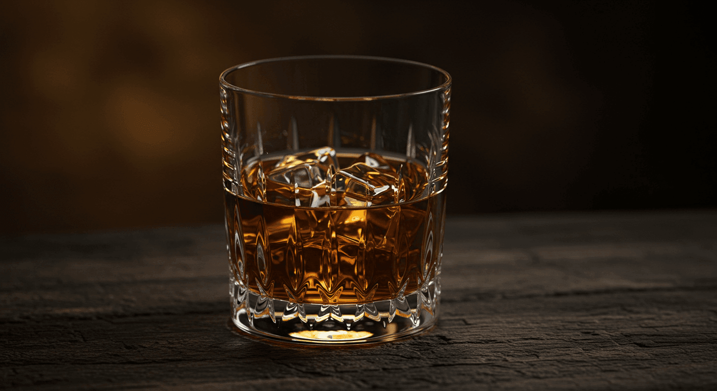 Vaso de cristal bajo con whisky o licor ámbar y cubitos de hielo, apoyado sobre una superficie de madera oscura y rústica. La iluminación es tenue y cálida, creando un ambiente íntimo y sombrío.