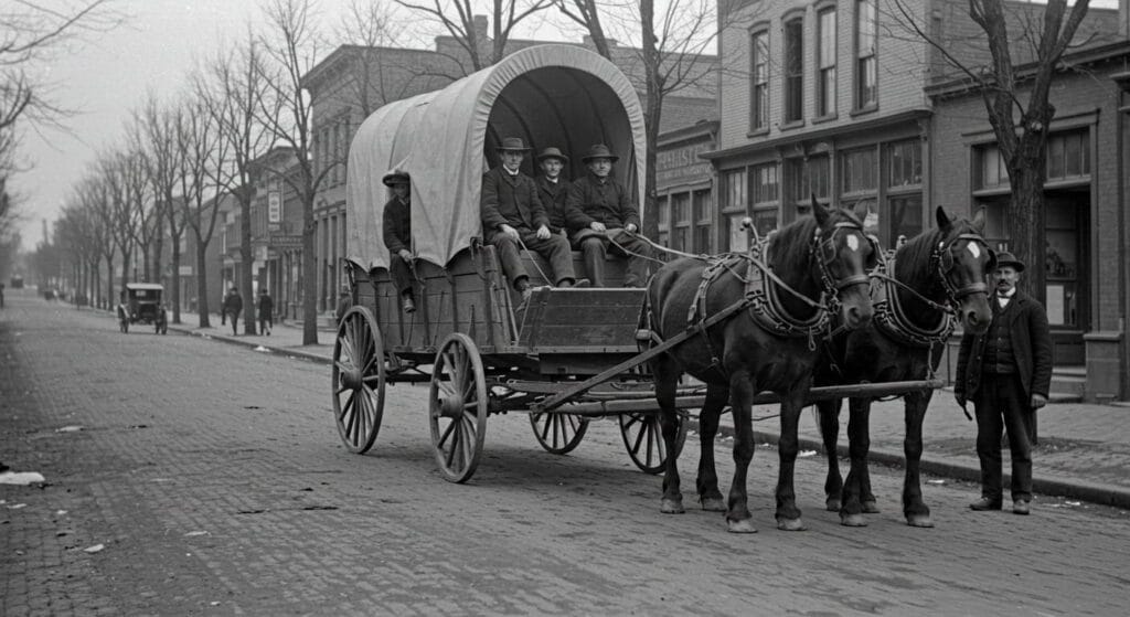 Fotografía histórica de un carruaje tirado por caballos, mostrando transporte del siglo XIX.