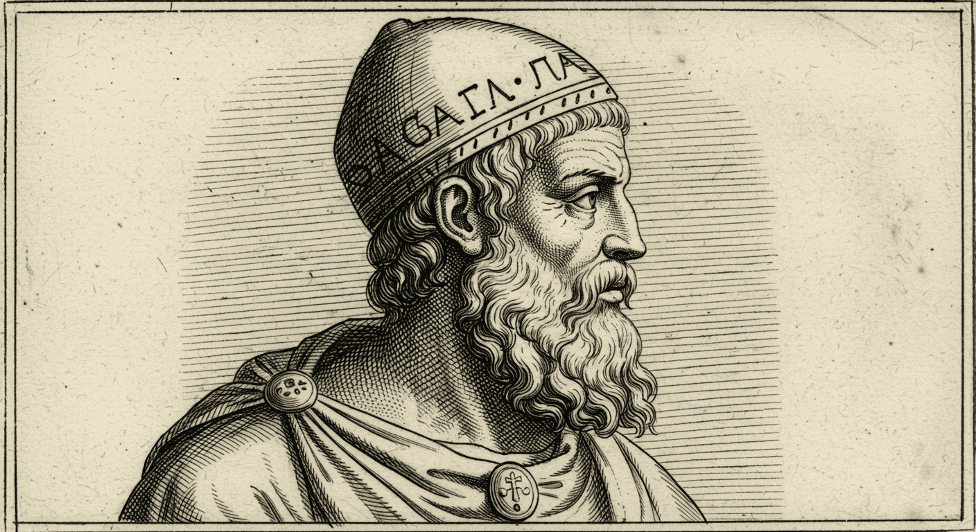 "Grabado antiguo de Arquímedes, matemático e inventor griego, con barba y tocado. Representación histórica de la ciencia y la sabiduría clásica. Accesibilidad visual: imagen en blanco y negro de figura histórica con detalles de vestimenta y expresión."