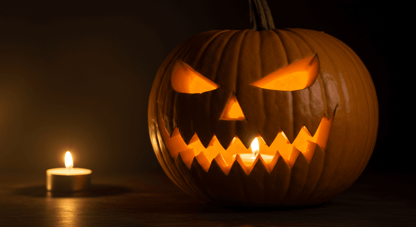 Calabaza de Halloween tallada con expresión malvada, iluminada por dentro. Decoración de noche de brujas con vela encendida.