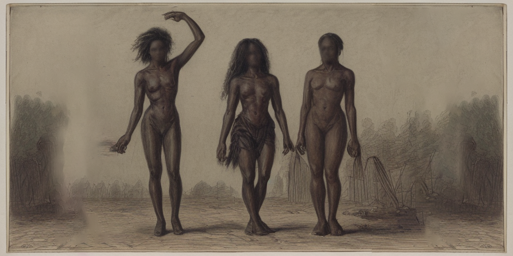El Lado Oscuro del Padre de la Ginecología Moderna: J. Marion Sims 2 Dibujo histórico de tres mujeres negras desnudas de pie en fila, con un fondo natural y tonos sepia, representando temas de esclavitud y deshumanización.