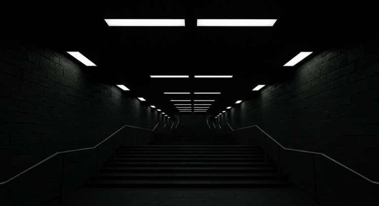 Escaleras oscuras en túnel o paso subterráneo con iluminación tenue. Imagen sombría y claustrofóbica.