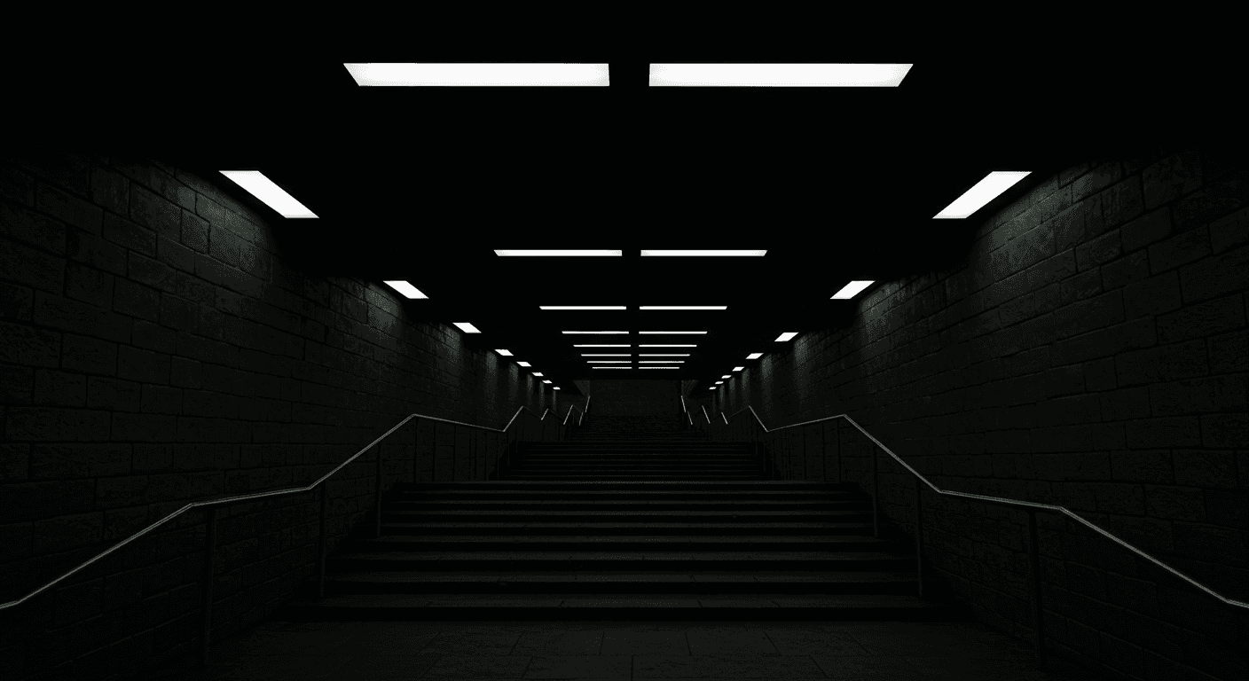 Escaleras oscuras en túnel o paso subterráneo con iluminación tenue. Imagen sombría y claustrofóbica.