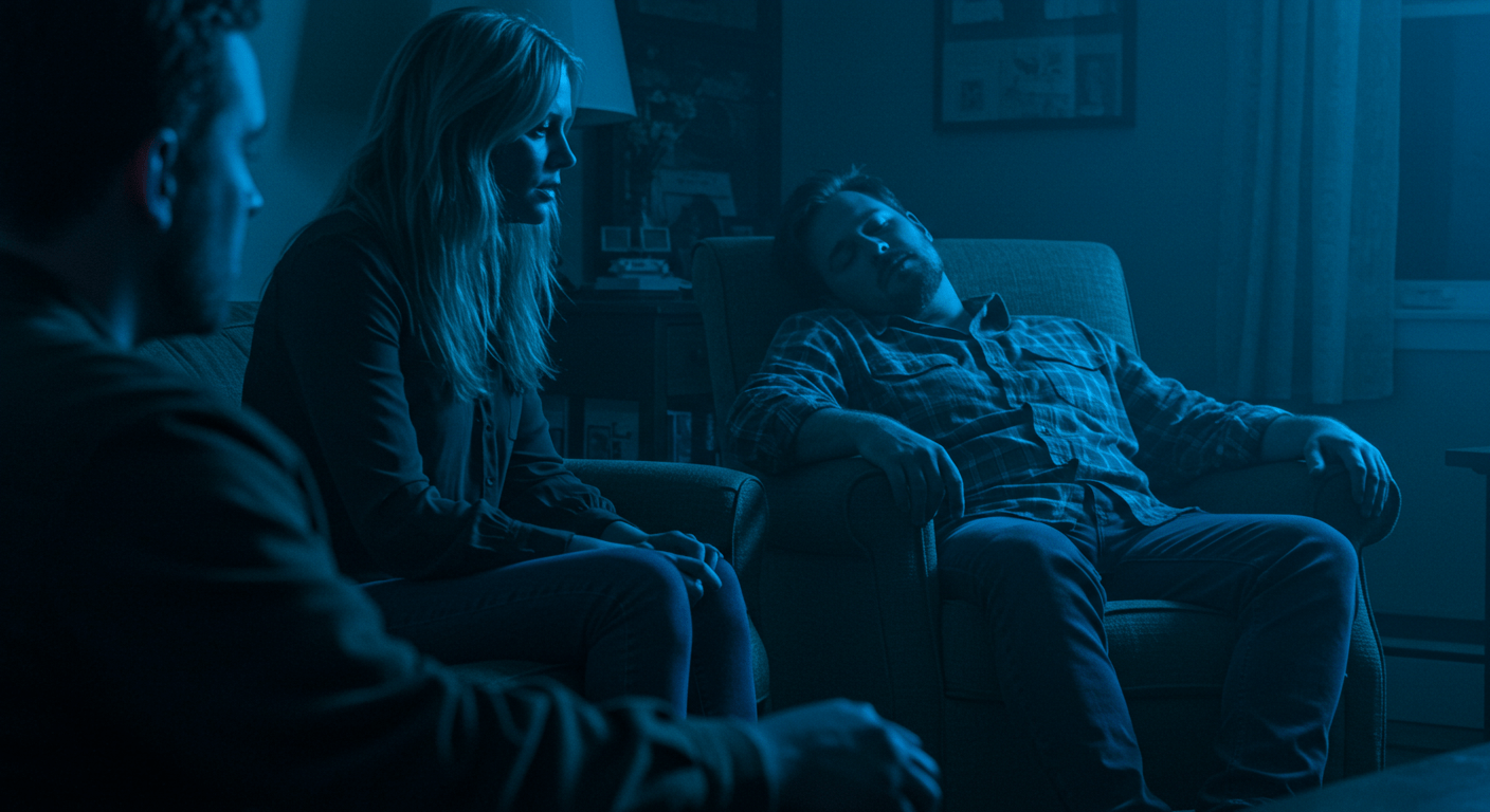 6 películas de terror imprescindibles que te pondrán los pelos de punta 3 Escena oscura con personas en una habitación. Imagen de una escena de película con un hombre dormido en una silla y dos personas observando en una atmósfera sombría. Fotograma cinematográfico. Accesibilidad web y SEO.
