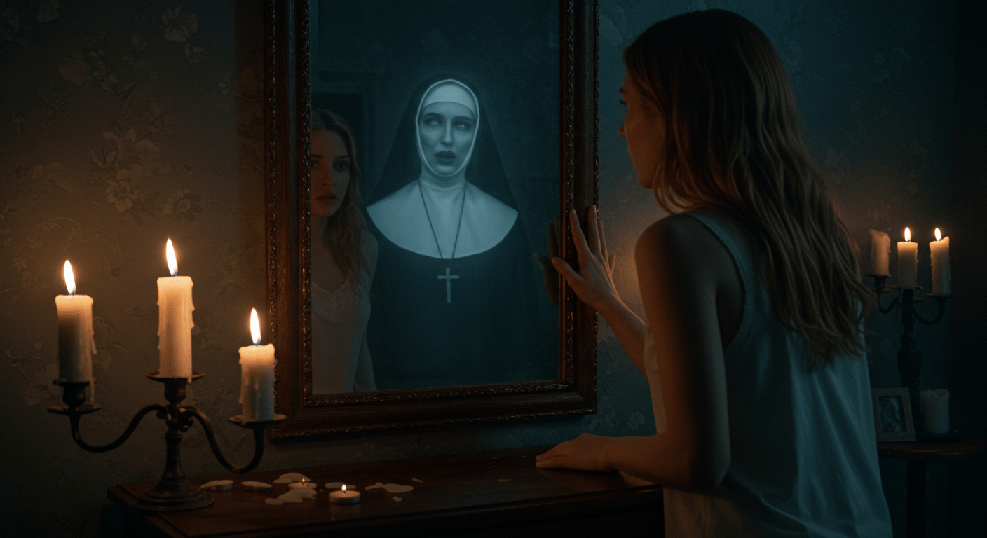 6 películas de terror imprescindibles que te pondrán los pelos de punta 5 Escena de terror con mujer y reflejo de monja fantasma. Imagen inquietante de una mujer mirando un espejo que revela la aparición fantasmal de una monja. Escena cinematográfica de horror. Accesibilidad web y SEO.