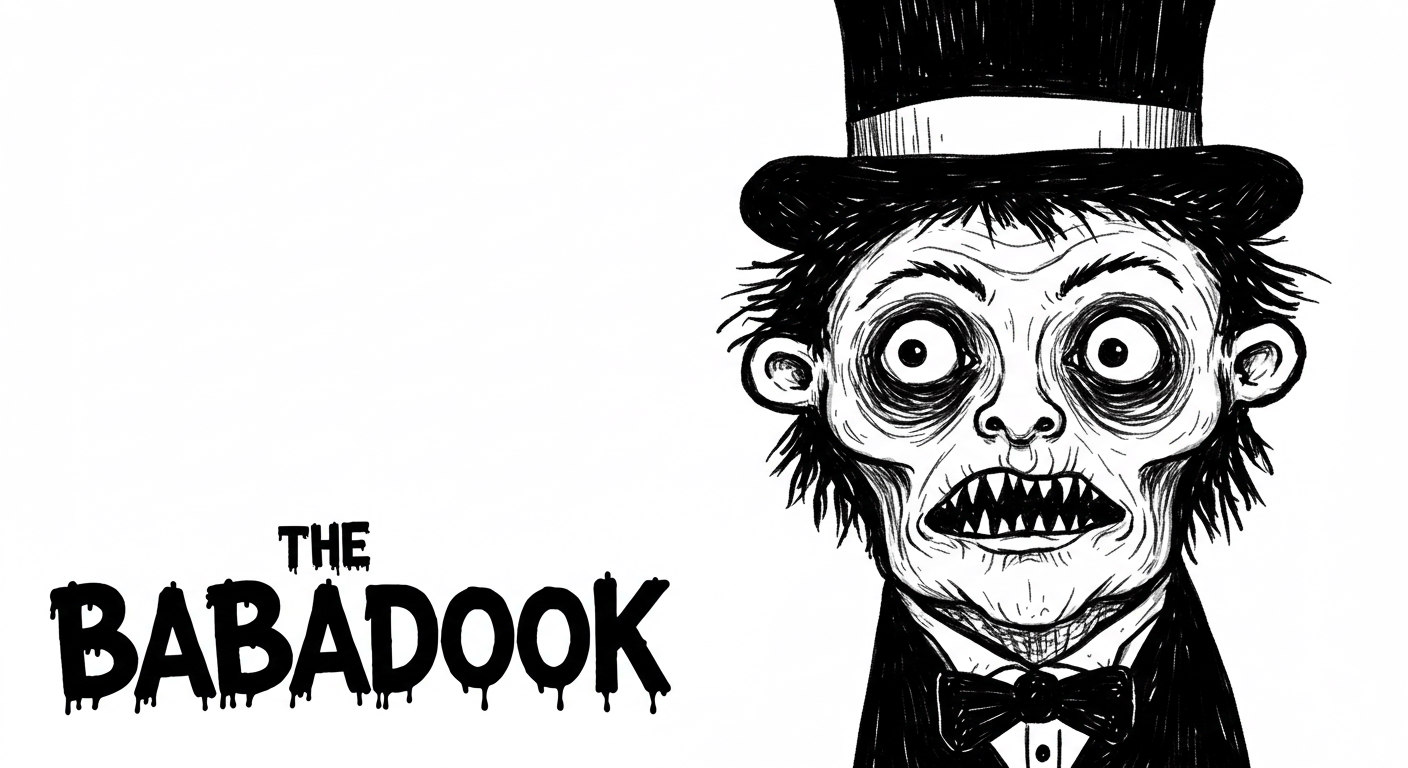 6 películas de terror imprescindibles que te pondrán los pelos de punta 2 Póster de la película de terror "The Babadook". Imagen de una criatura tétrica dibujada en blanco y negro, con sombrero de copa y expresión amenazante, del cartel del film "The Babadook". Diseño gráfico de terror psicológico. Accesibilidad web y SEO.