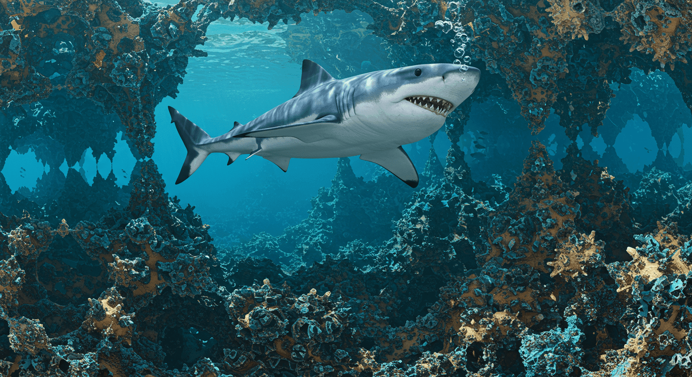 Imagen digital de un tiburón nadando en un arrecife abstracto. Fondo marino con corales y estructuras fractales. Ideal para fondos de pantalla de animales marinos y diseño creativo. #tiburon #arrecife #fondomarino #animalesmarinos #diseñografico