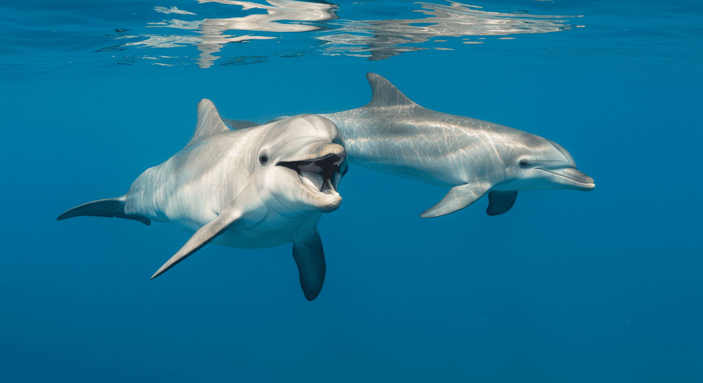 Dos delfines nadando. Imagen de delfín blanco sonriendo bajo el agua junto a delfín más oscuro. Fotografía marina de animales acuáticos