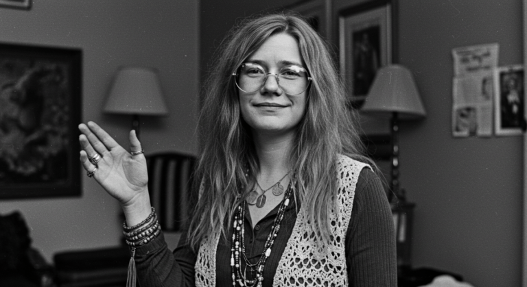 Retrato en blanco y negro de Janis Joplin, cantante icónica de rock, con chaleco de ganchillo y collares. Fotografía vintage de alta calidad