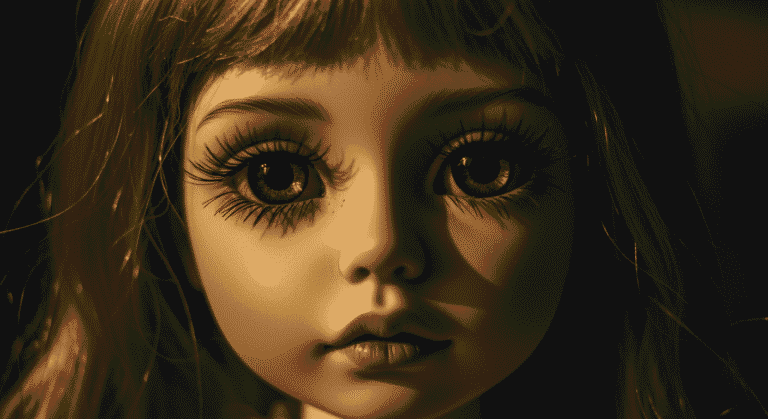 Primer plano de la cara de una muñeca de porcelana. Retrato de juguete con iluminación dramática. Imagen para accesibilidad y posicionamiento SEO.