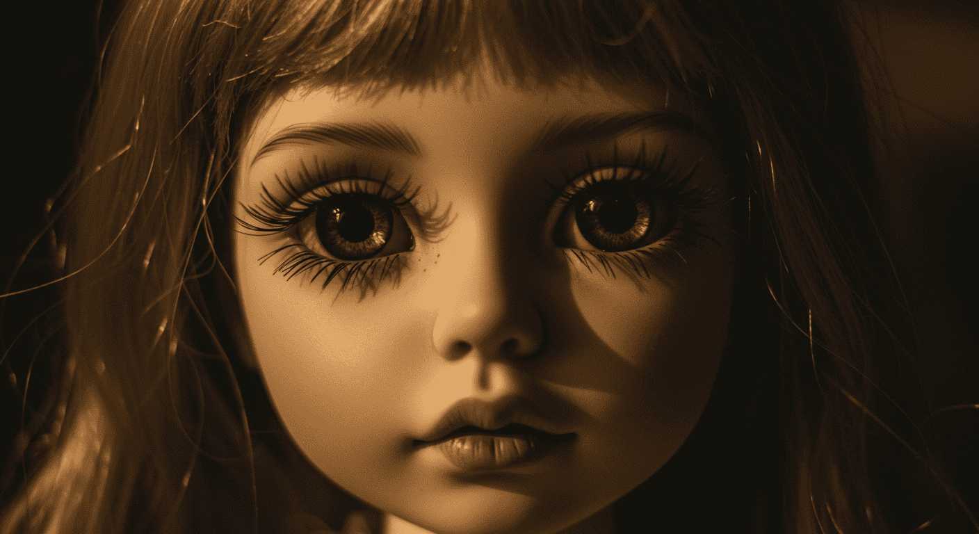 Primer plano de la cara de una muñeca de porcelana. Retrato de juguete con iluminación dramática. Imagen para accesibilidad y posicionamiento SEO.