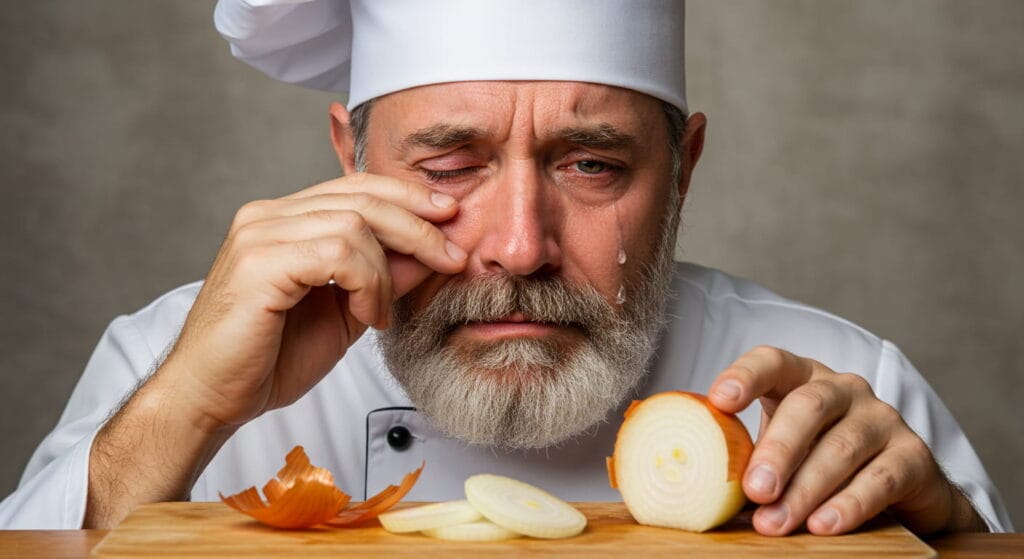 12 Cosas que le ocurren a tu cuerpo explicadas 2 Cocinero llorando al cortar cebolla. Imagen de un chef profesional con barba blanca frotándose los ojos mientras corta cebolla.