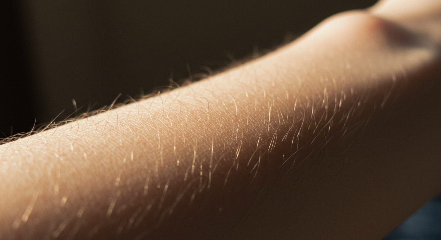 Piel de gallina en el brazo de una persona. Primer plano de la piel con vello erizado, mostrando la reacción corporal al frío o a una emoción fuerte.