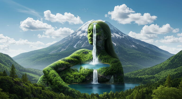 Paisaje surrealista con una montaña en forma de mujer y cascada, simbolizando la Madre Naturaleza.