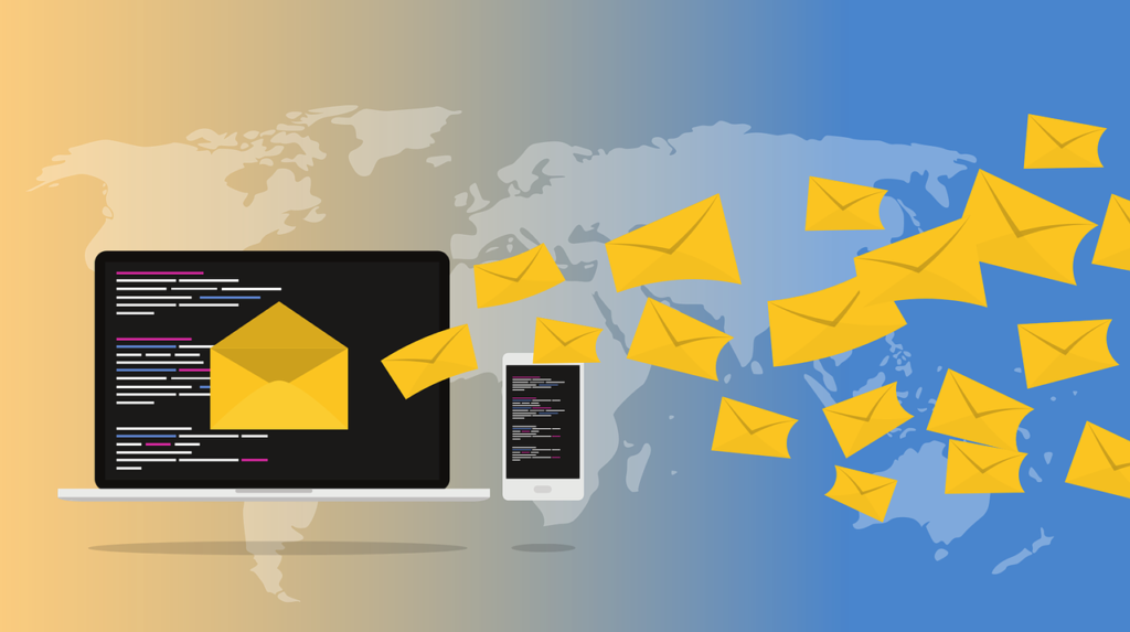 El acceso a internet como Derecho Humano 5 Ilustración de correo electrónico global con portátil, smartphone y sobres amarillos sobre un mapa mundial.