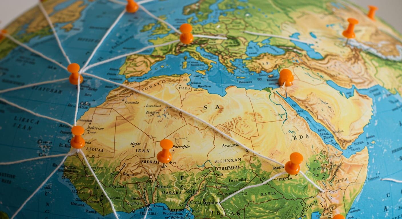 Globo terráqueo con cuerdas blancas y chinchetas naranjas, representando conexiones globales.